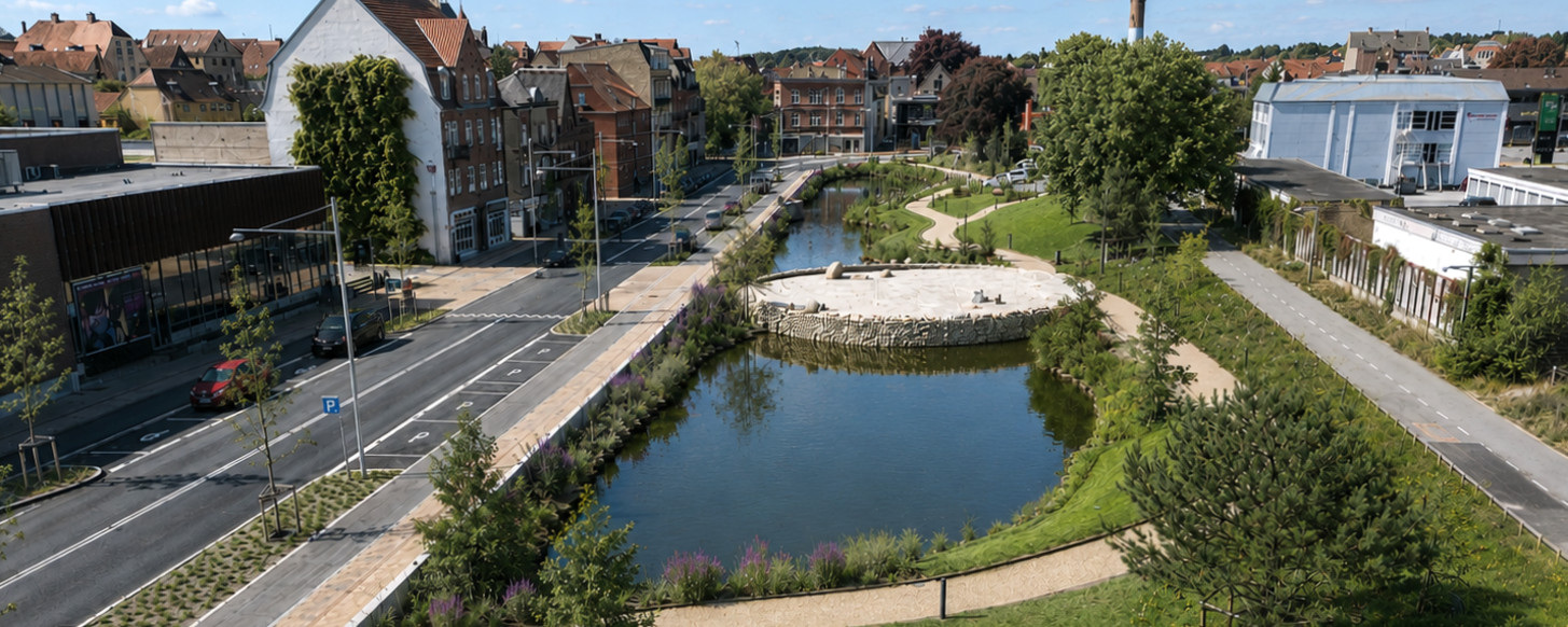 Vandets Plads. Et nyt samlingssted i byen, hvor vand, ophold og aktivitet mødes. Foto: Haderslev Kommune