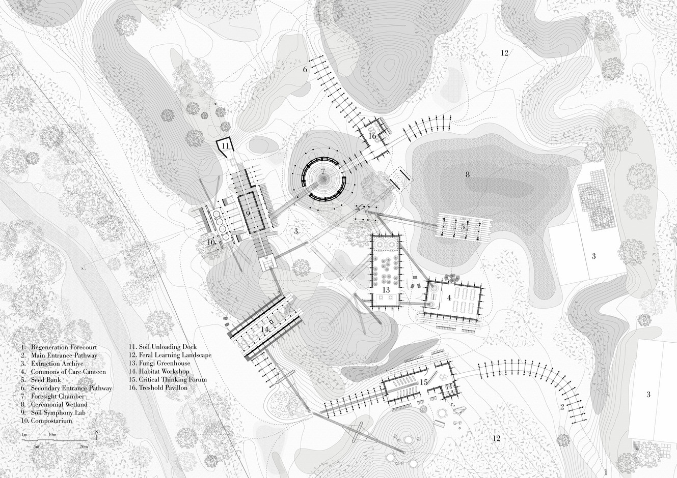 Plan: Masterplan over ‘The Institute of Soil Regeneration’, fremvindende logikker for transportbånd samt ‘læringslandskaberne’ i Stenrand